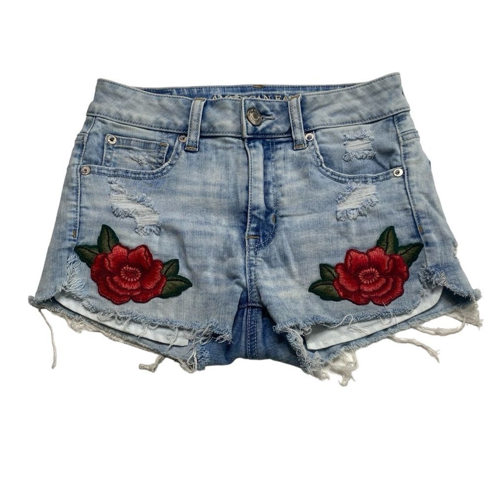 American Eagle Outfitters Distressed Hi-Rise Shortie Denim Shorts Roses Sz 2